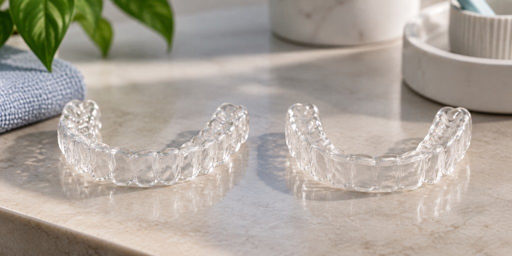 Clear aligner and clear retainer shown side by side