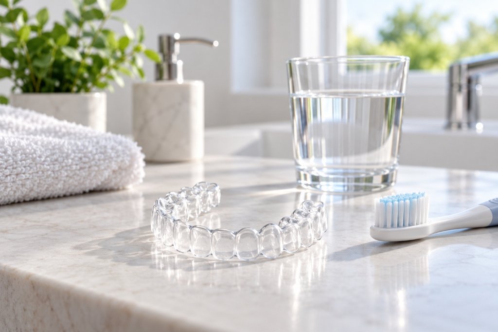 Clear dental aligner beside a toothbrush and water for cleaning