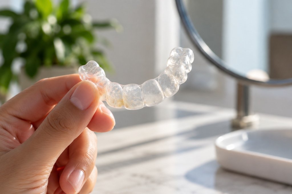 Clear dental aligner being held for inspection