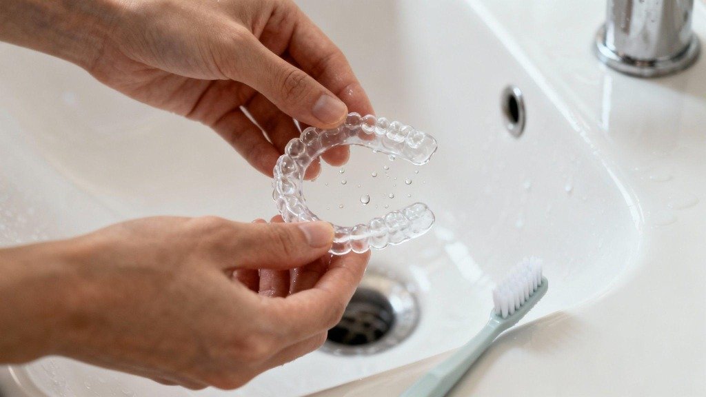 Clear dental retainer on a bathroom counter